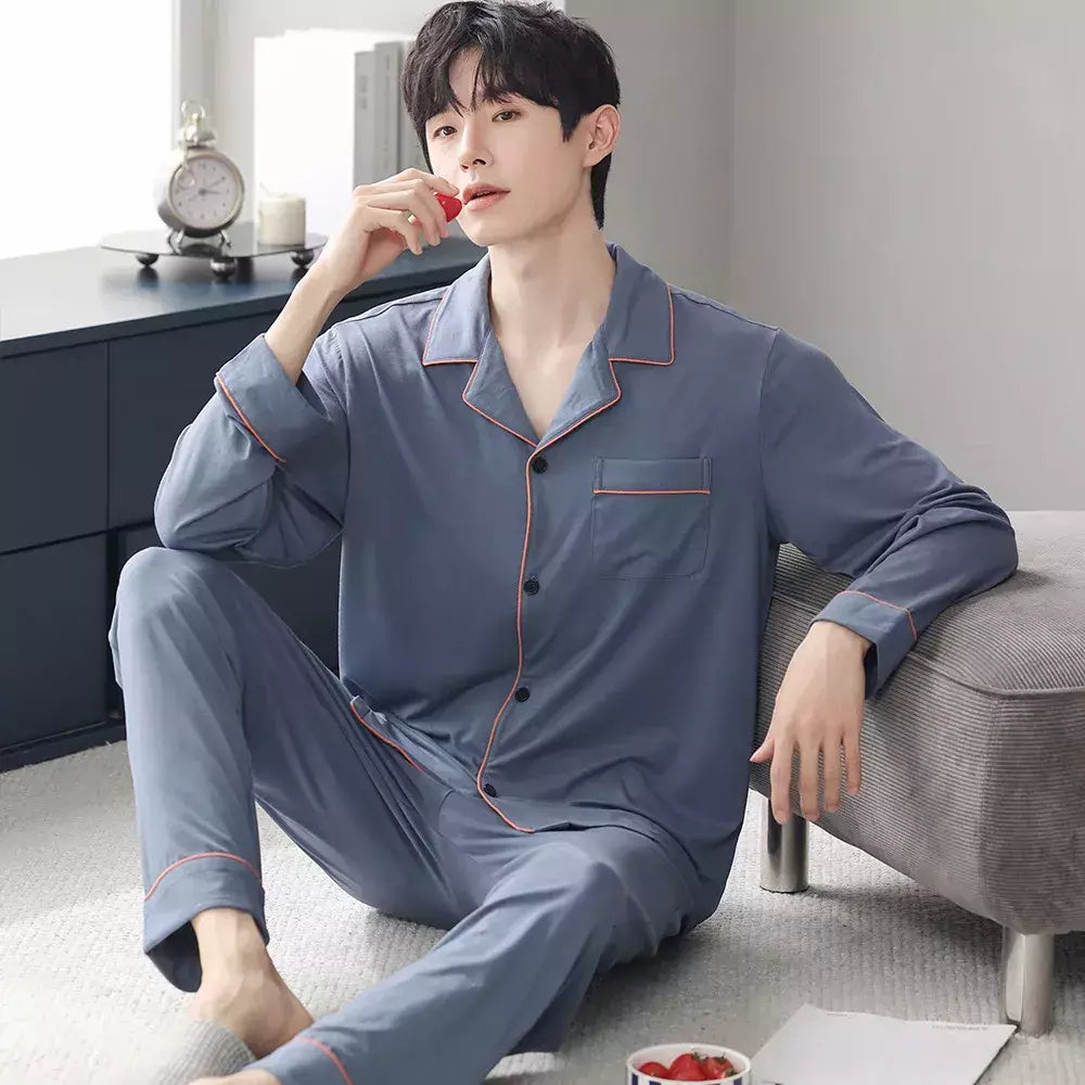 Conjunto de pijama de algodão modal manga comprida masculino, pijamas finos, adolescentes, outwear primavera, pano doméstico, terno masculino, outono, primavera