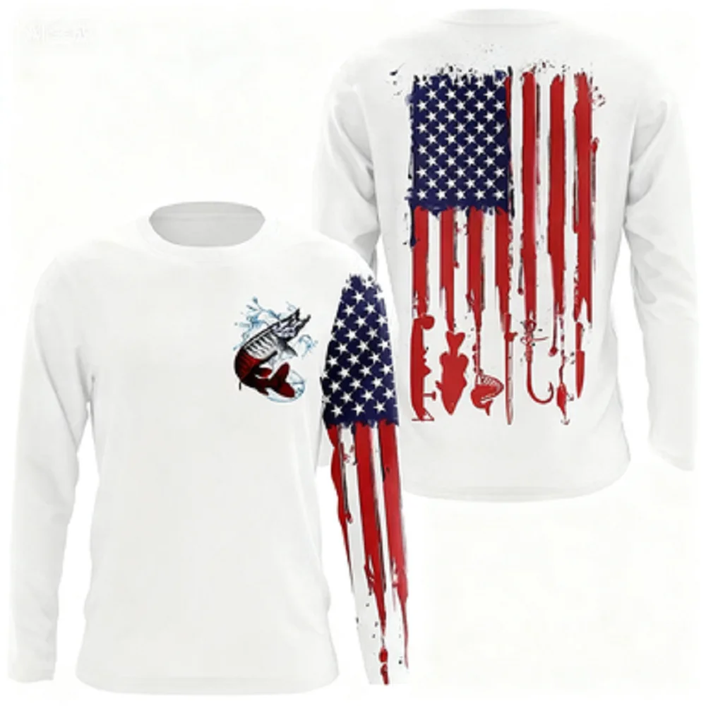 Estrelas e listras 3d impresso camiseta de pesca bandeira americana protetor solar ao ar livre respirável de secagem rápida esportes de manga comprida topos