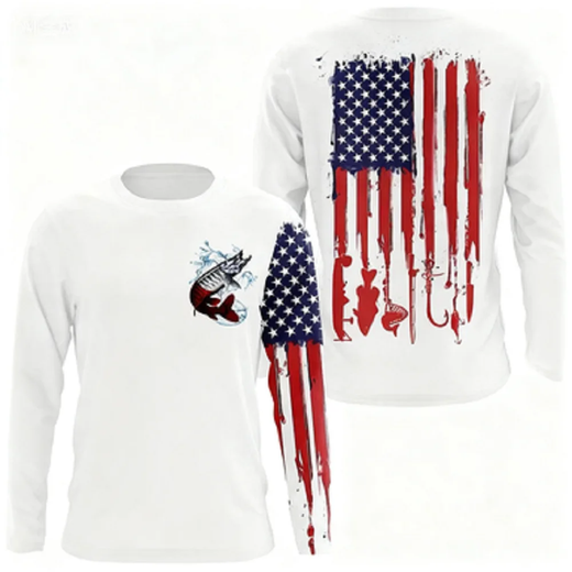 Estrelas e listras 3d impresso camiseta de pesca bandeira americana protetor solar ao ar livre respirável de secagem rápida esportes de manga comprida topos
