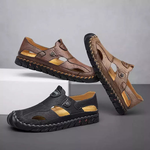 Tampão-sapatos de couro respirável para homens, sapatos de buraco oco, fundo macio, superfície macia, sandálias casuais