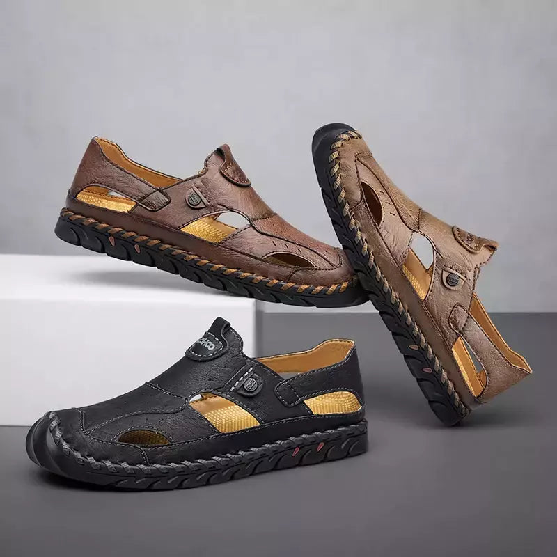 Tampão-sapatos de couro respirável para homens, sapatos de buraco oco, fundo macio, superfície macia, sandálias casuais