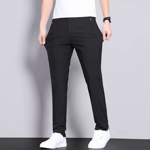 Calças casuais masculinas elásticas ultrafinas verão de secagem rápida seda gelo magro em linha reta negócios cor sólida preto cinza