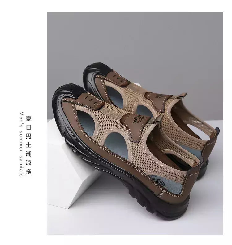 Sandálias de malha respirável para homens, sandálias de praia antiderrapantes, sapatos ocos ao ar livre, calçados flats, verão, novo