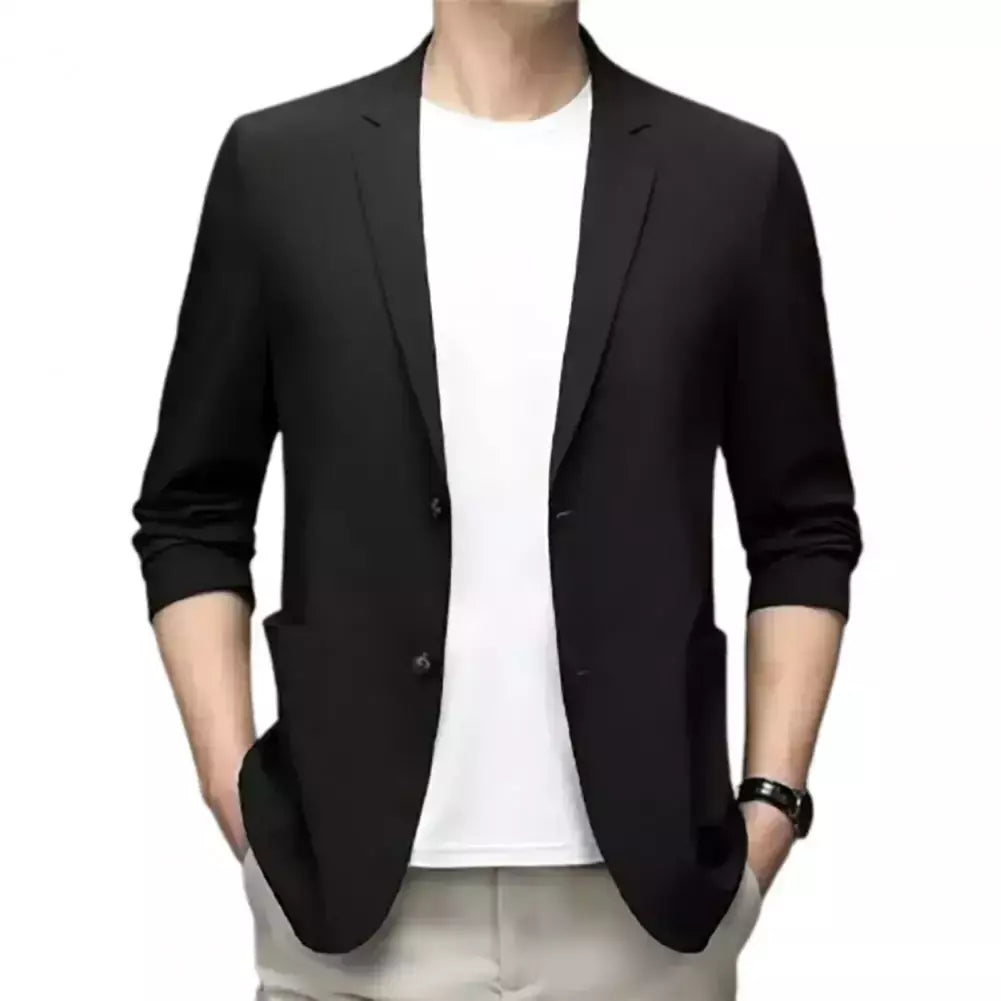 Blazers de negócios monocromáticos masculinos, blazers slim fit, botões duplos, lapela, mangas 3/4, terno de deslocamento, casaco do noivo