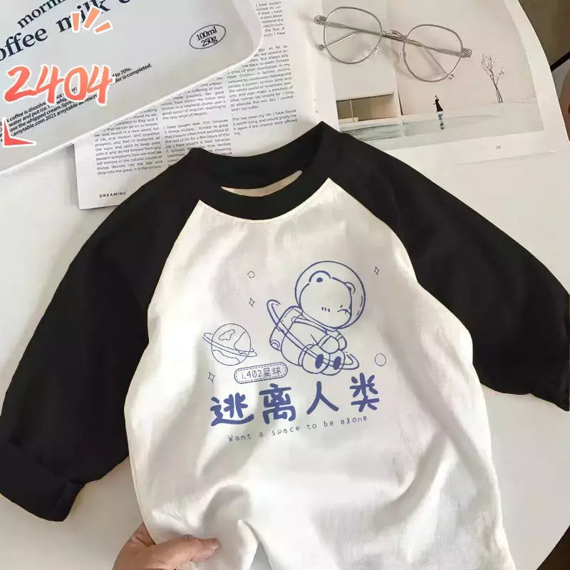 T-shirt de manga comprida para menino e menina, top de algodão puro, design cartoon, novo outono e inverno