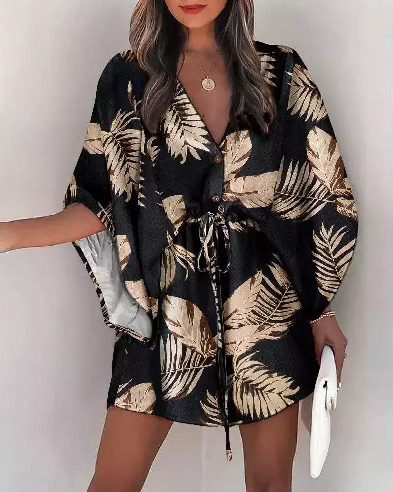 Mini vestido solto com cordão feminino, manga de batwing, botão sexy, gola V, cobertura de festa, estampa moda praia, verão