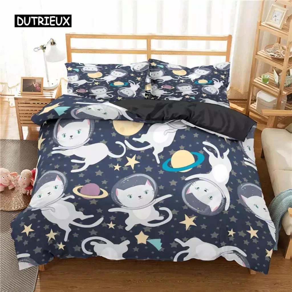 Conjunto de cama para meninos da aviação dos desenhos animados, astronauta Duvet Cover, Blue Sky Dream Quilt Cover, gêmeo, único, tamanhos duplos, fronha