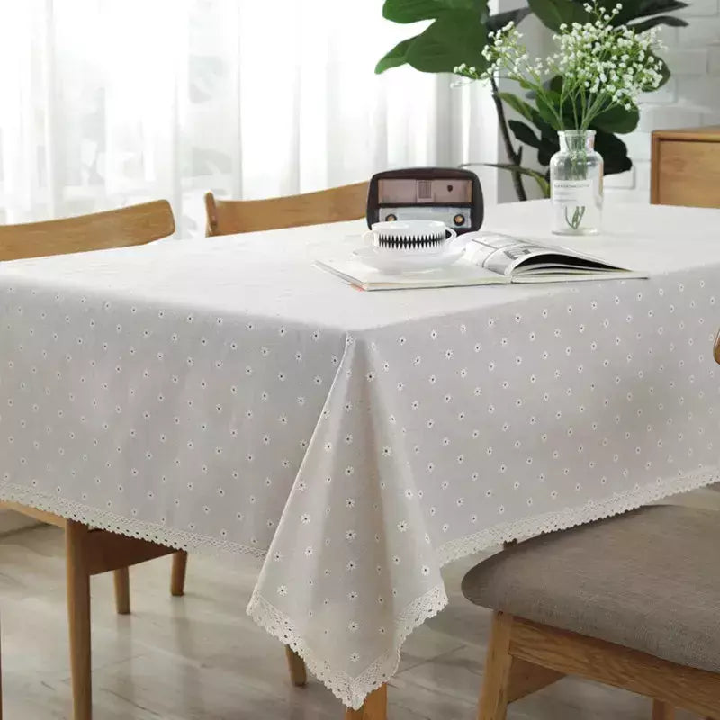 Daisy Flower Pattern Tablecloth, Linho e algodão Lace Edge, Toalha de mesa retangular, Casa e Hotel Textile, Venda quente