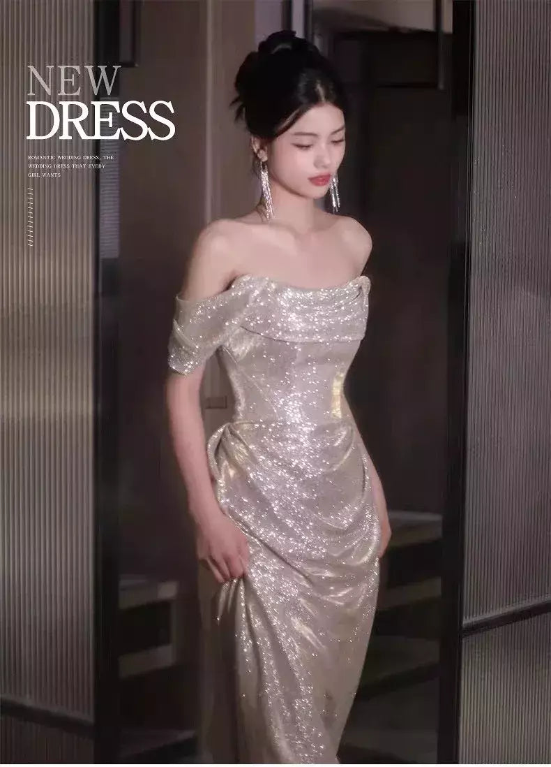 Vestido sereia ruched, lantejoulas sexy sem mangas, rabo de peixe leve, longo, cerimônia do anfitrião, vestido de baile de festa, banquete luxuoso