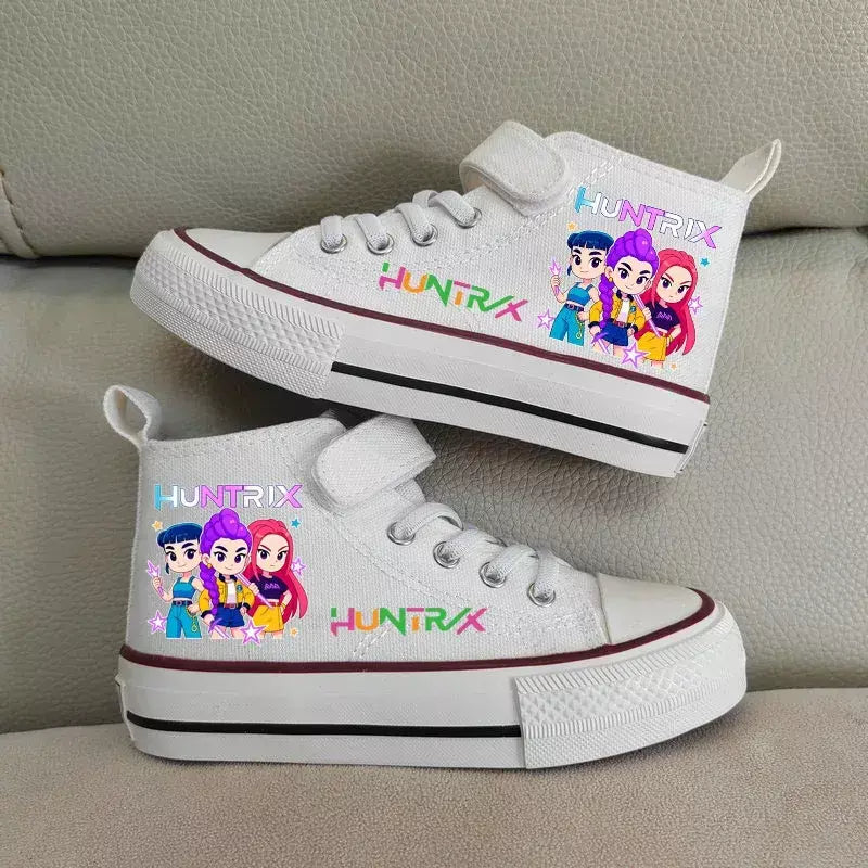Novas crianças sapatos de lona de alta qualidade meninas sapatos kpop demônio caçadores crianças sapatos de placa branca estudante correndo tênis sapatos brancos