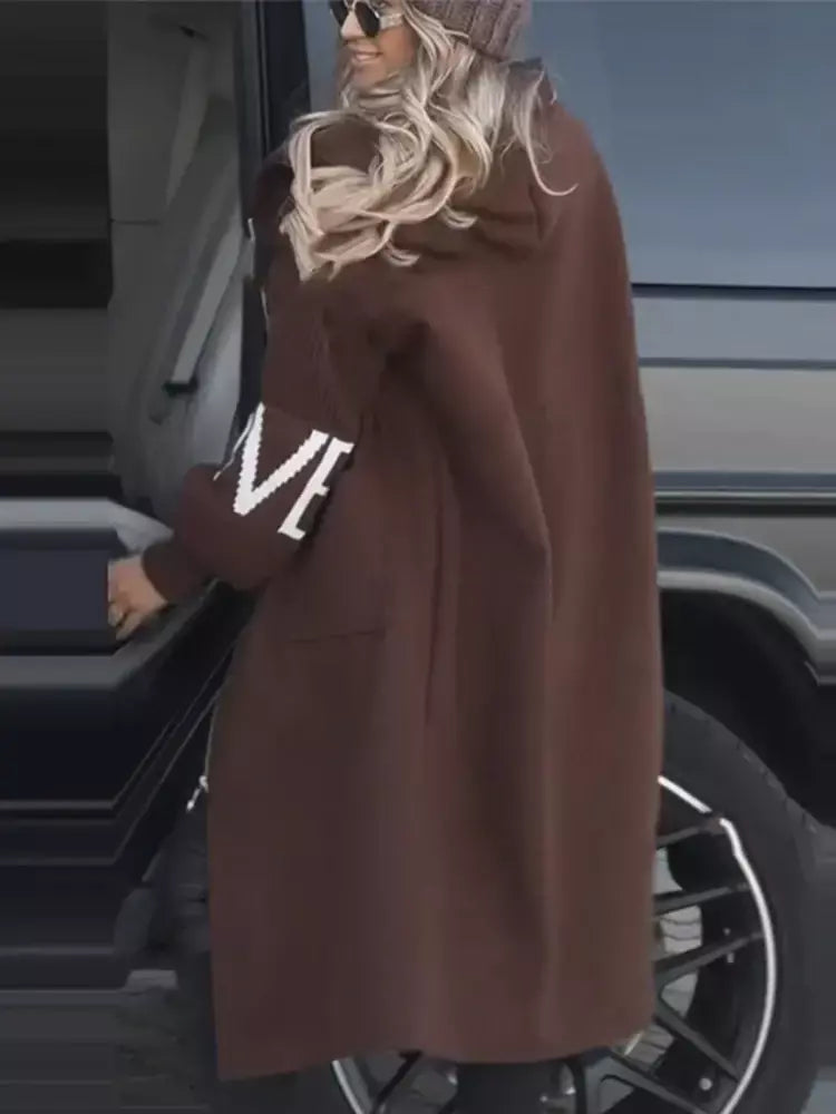 Casual longo retalhos casacos de malha feminino casual hoodies rendas até bolsos jaquetas femininas 2024 outono inverno nova senhora outerwears