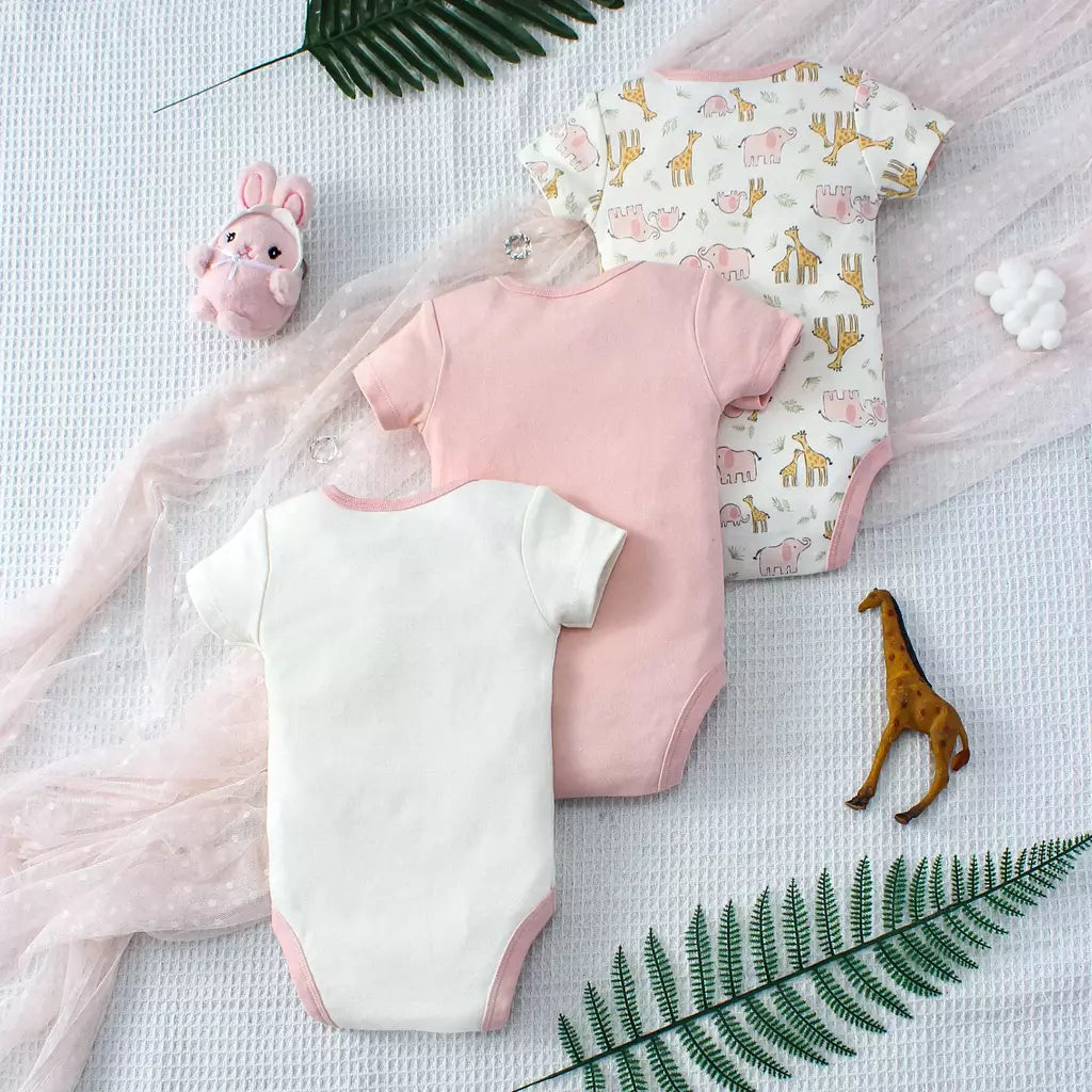 ? 3 pçs verão bebê meninas três peças bodysuit animal reino e elefante carta padrão manga curta bodysuit dia das mães gif