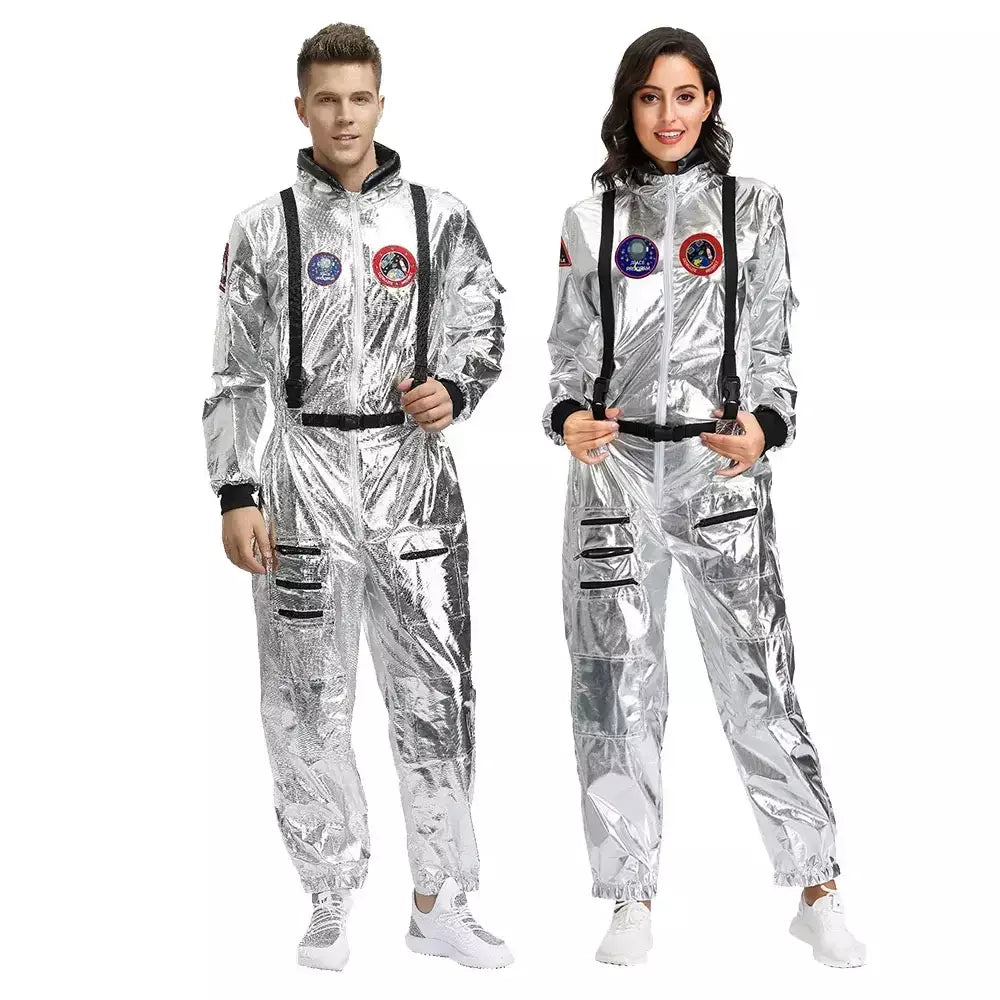 Adulto prata astronauta traje das mulheres dos homens spaceman terno espaço macacão halloween cosplay festa vestir-se