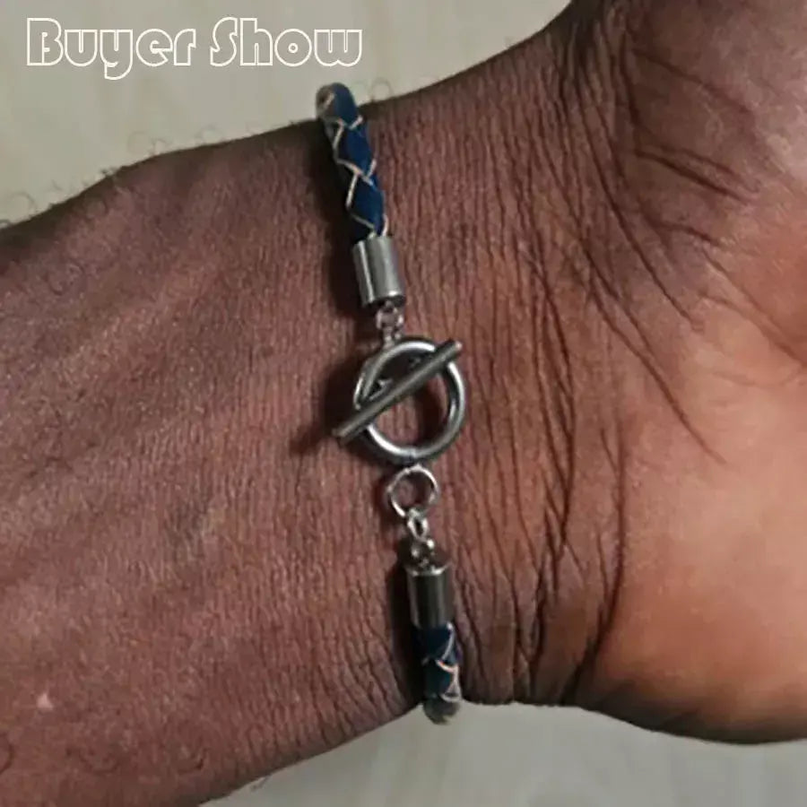 Estilo simples artesanal pulseira de couro genuíno masculino aço inoxidável ot fivela 4mm fino pulseira pulsera de cuero pulseria hombre