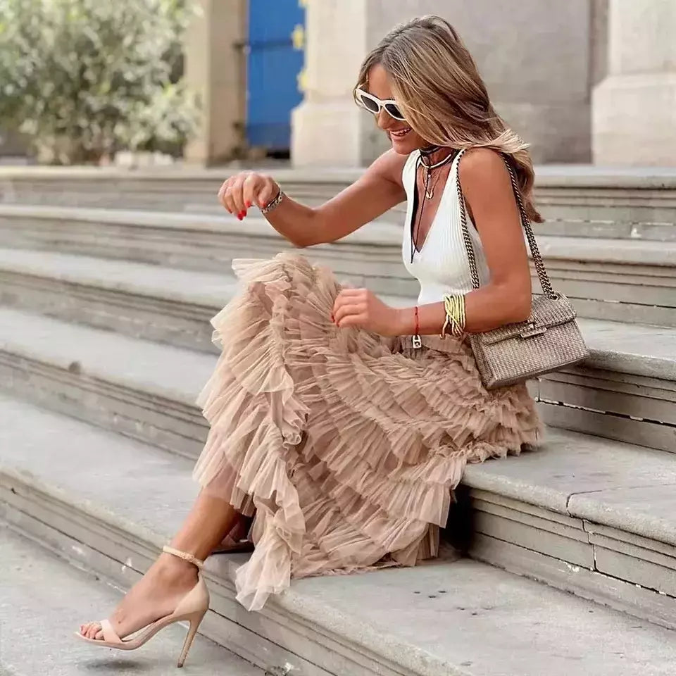 Vestido de Baile Sólido Feminino, Saia Longa, Cintura Alta, Plissada, Elegante senhoras, Malha Selvagem, Saias Maxi de Namoro, Novo, Gota, 2022