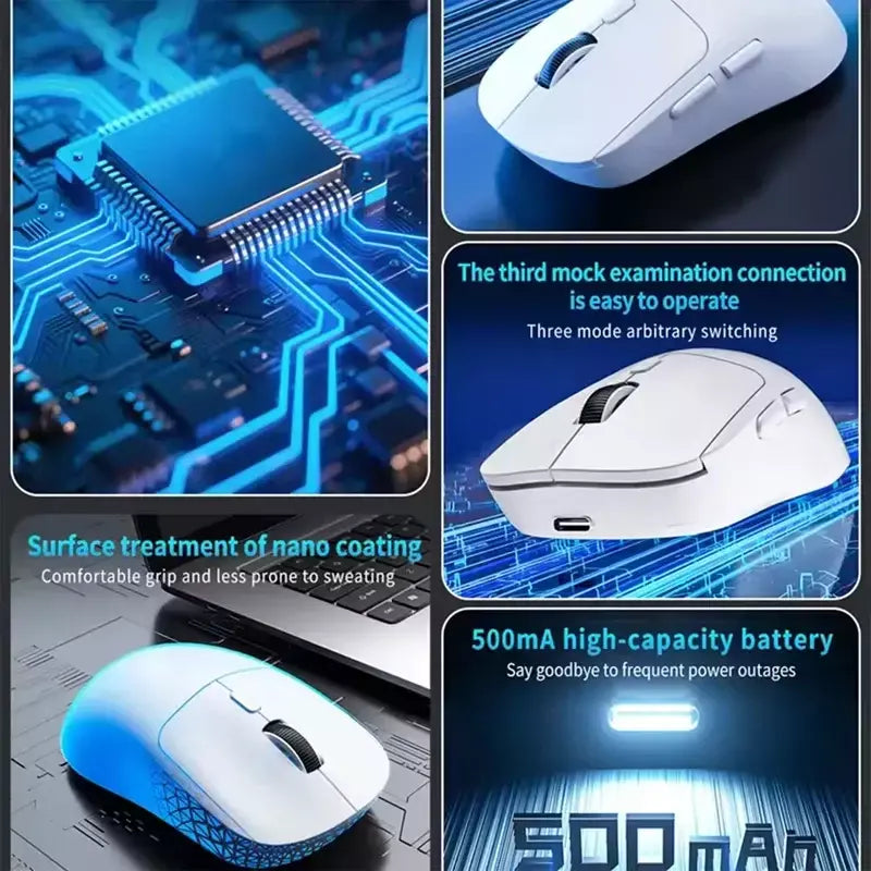 Mouse para jogos sem fio leve, sensor óptico 2.4G USB-C Bluetooth DPI PAW3395, adequado para PC/laptop/Win/Mac.