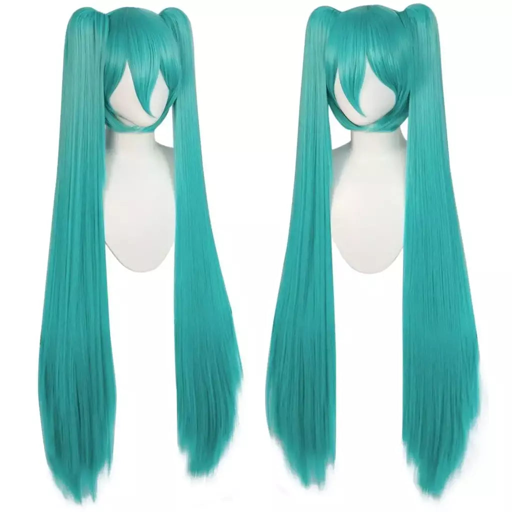 Peruca longa sintética verde com 2 rabos de cavalo para mulheres perucas miku longas e retas com franja para cosplay peruca para festa de halloween ?