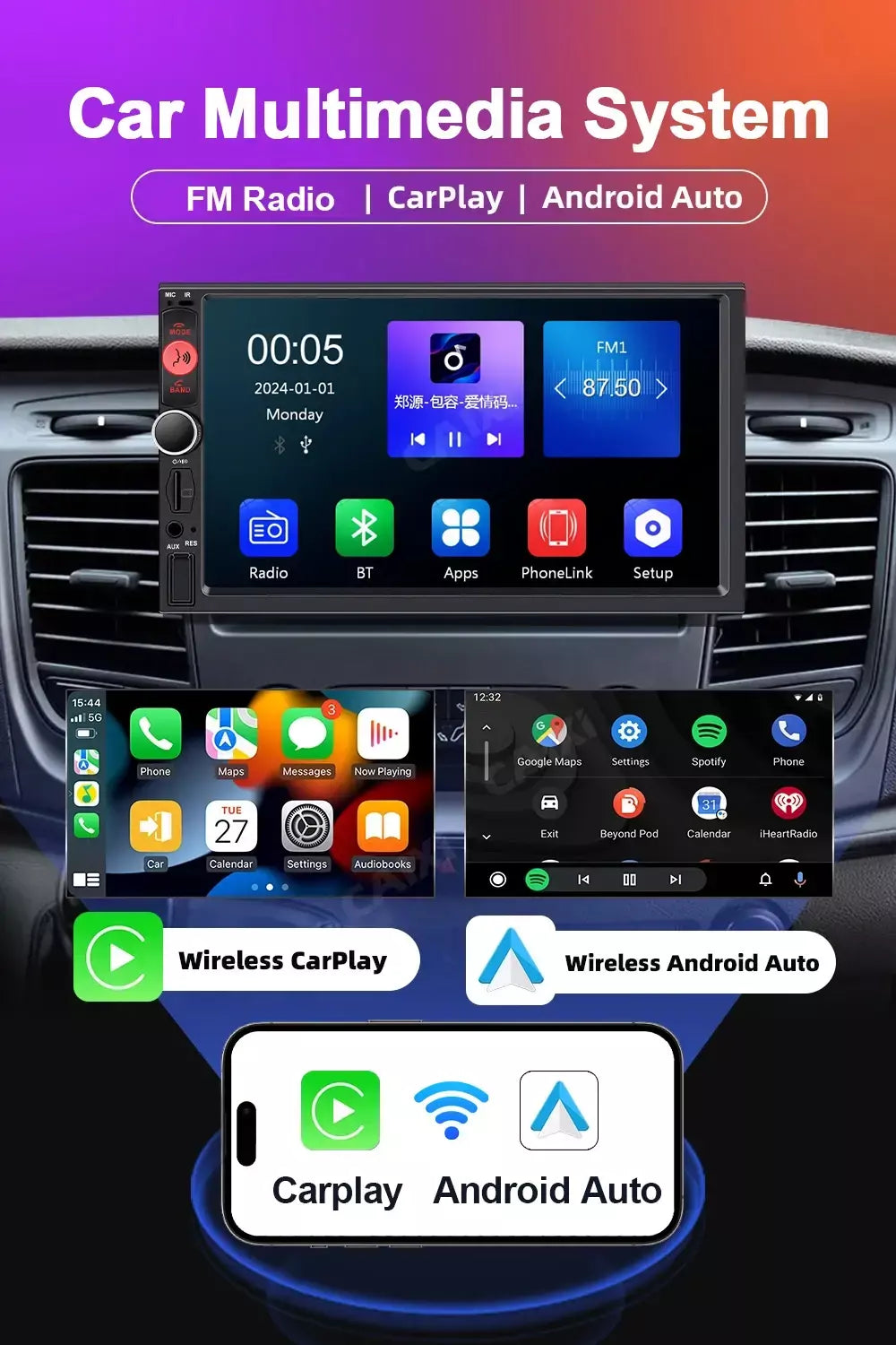 Lihx tela ips 7 polegadas carplay android auto autoradio 2din rádio do carro estéreo multimídia para volkswagen honda toyota hyundai kia