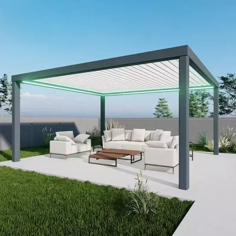 Gazebo de alumínio com obturador elétrico à prova d'água, retrátil, ajustável, teto de jardim, gazebo bioclimático, alumínio ao ar livre