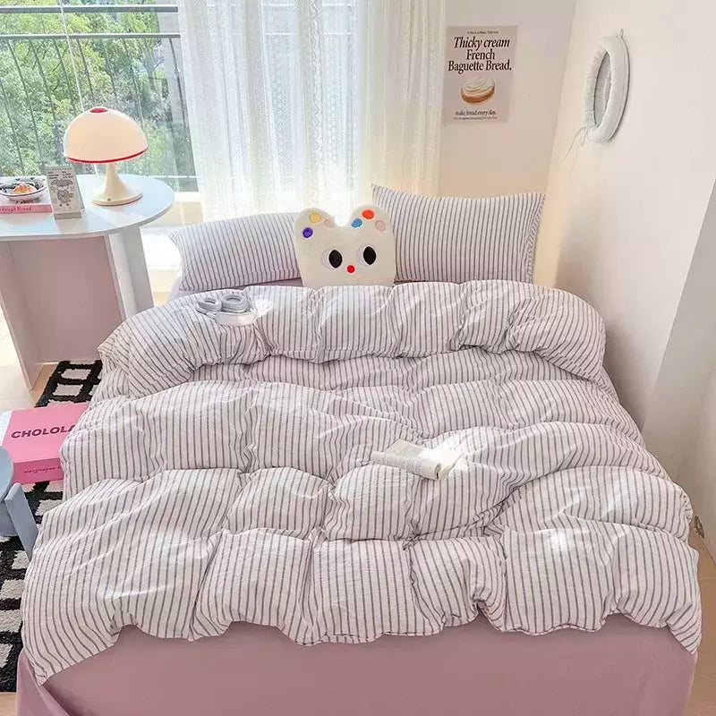 Conjunto de cama simples Pink Stripe para adultos e crianças, lençol de algodão lavado, fronha, roupa de cama completa Queen, conjunto de capa de edredão, sem enchimento