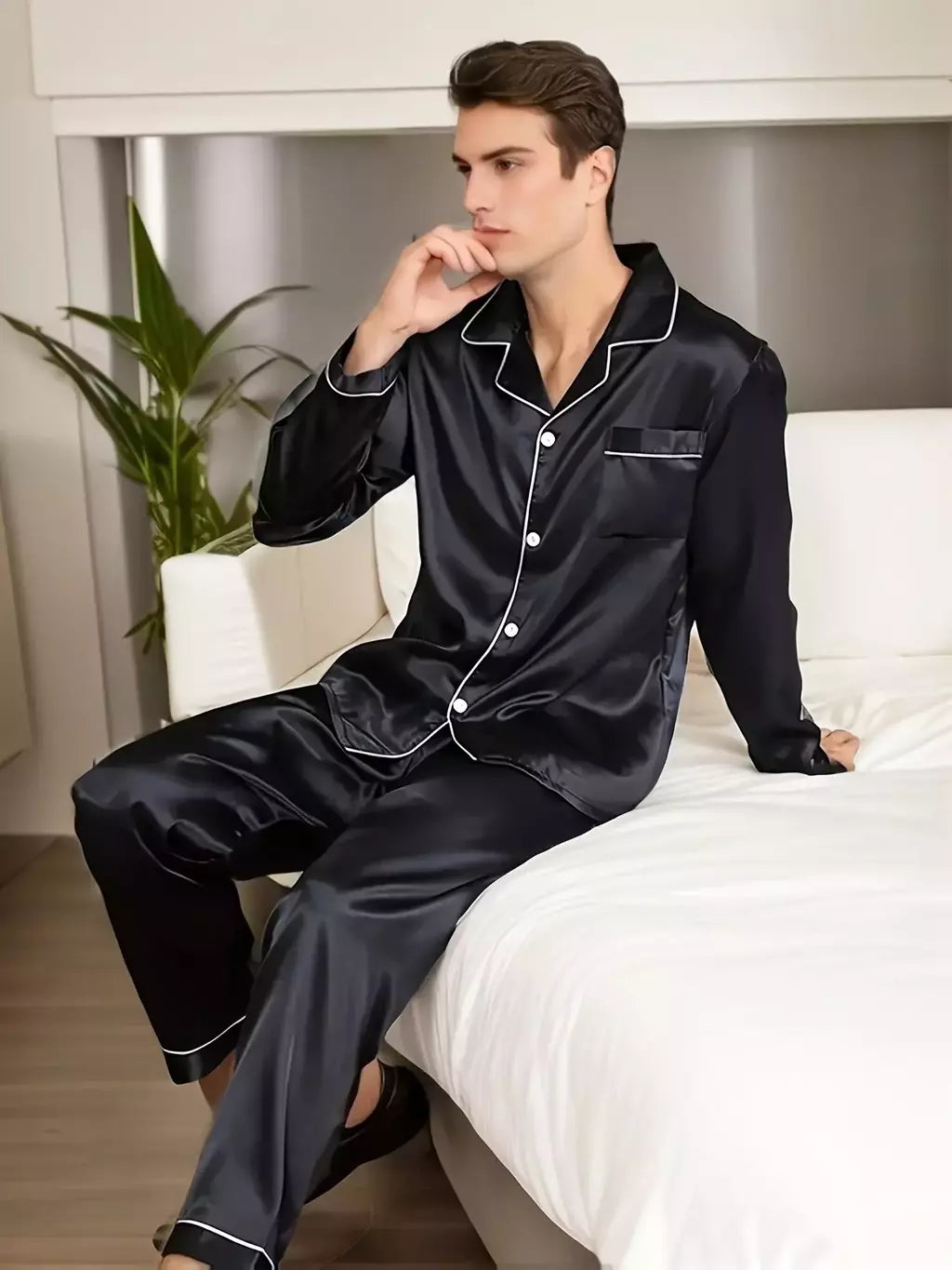 Conjuntos de pijama de seda manga comprida masculino, pijama de seda masculino, pijama de seda para casa, loungewear plus size, roupa de dormir, novo