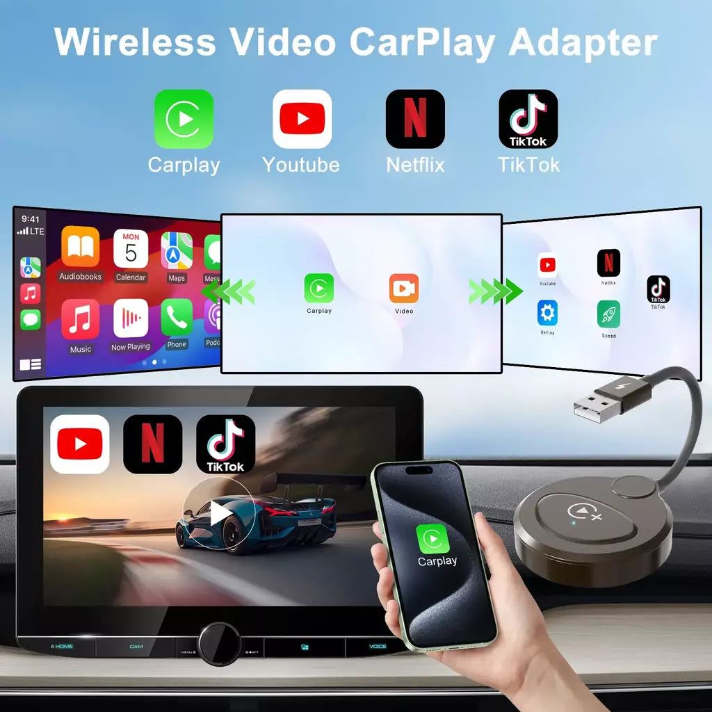 Adaptador sem fio Carplay com Youtube/Netflix/Tiktok, dongle USB Carplay sem fio para Carplay com fio de fábrica para Wireless