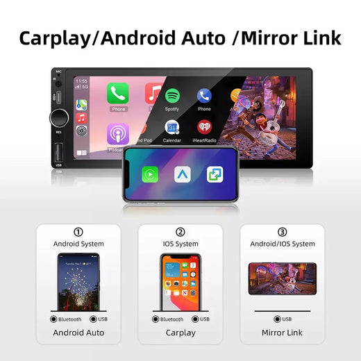 1din 6.86 "sem fio carplay android auto multimídia carplay tela de toque espelho link estéreo bluetooth usb fm câmera mp5 player