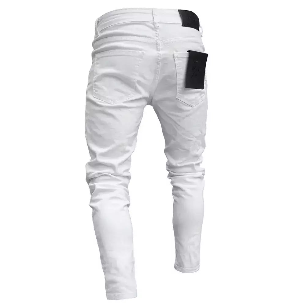 Calças jeans skinny rasgadas elásticas masculinas, bordado branco, algodão, hip hop, buraco negro, slim fit, calças jeans grandes, alta qualidade