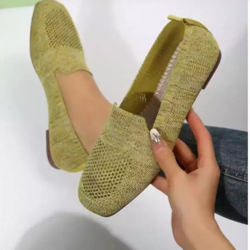 Cor sólida dedo do pé quadrado malha mocassins rasos mulheres apartamentos sapatos de fundo macio malha ballet apartamentos sapatos casuais deslizamento em sapatos de barco