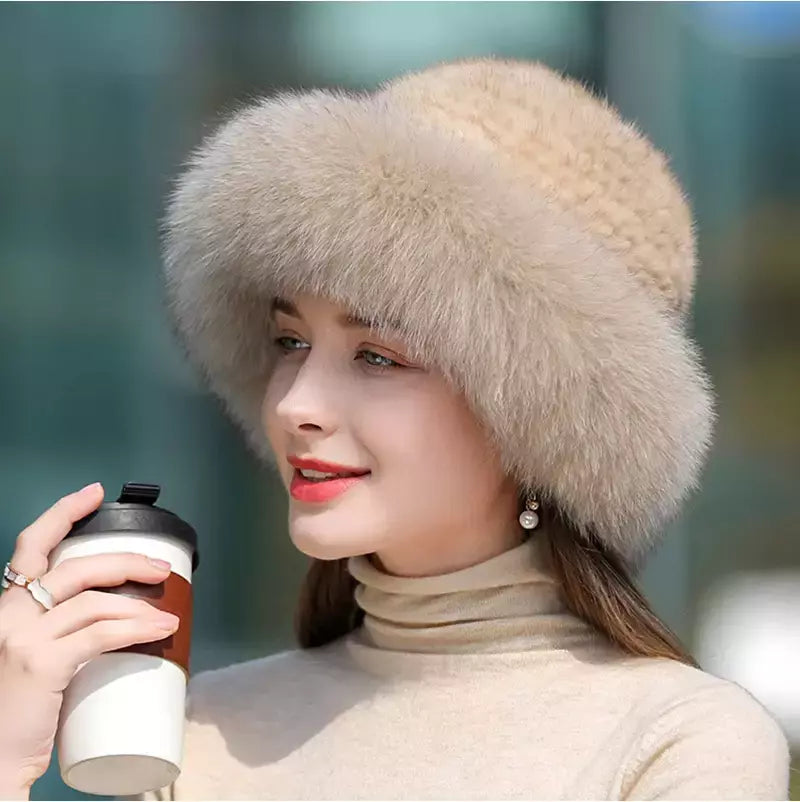 Chapéu de pele de vison genuíno para mulheres Boné de malha natural Gorros luxuosos Headwear de malha artesanal Pele de raposa real, moda inverno quente, nova
