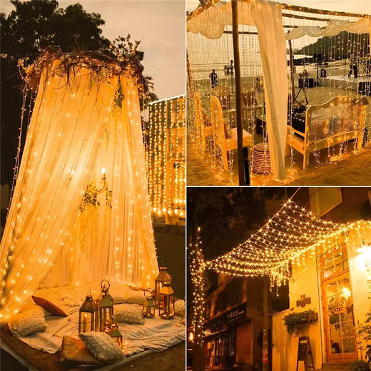 Impermeável Solar LED Curtain Light Decoração de guirlanda ao ar livre, luzes de corda, quintal, Natal, fada, luzes de corda, 300LEDs