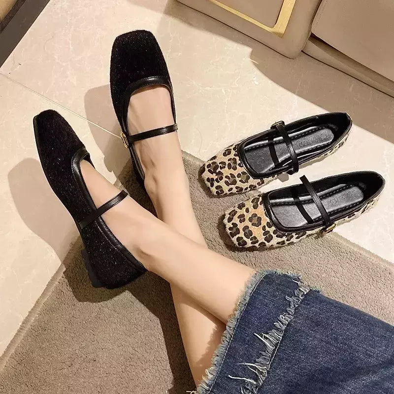 Sapatos casuais com estampa leopardo de toe quadrado para mulheres, sapatilhas femininas, sapatos Mary Jane ao ar livre, novo design