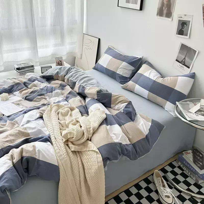 Conjunto de roupa de cama de algodão lavado, listrado, grade, lençol minimalista, consolador, capa de edredão rainha, duplo para meninos e meninas