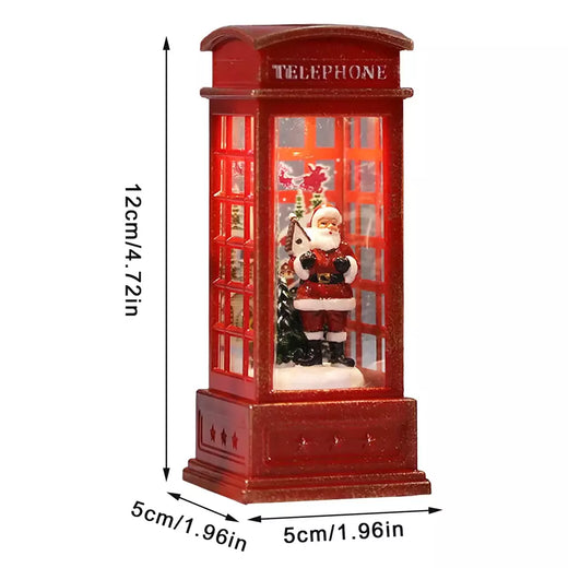 Vintage vermelho luminoso telefone cabine lanterna, árvore de Natal, boneco de neve, Papai Noel estatueta, telefone cabine decoração