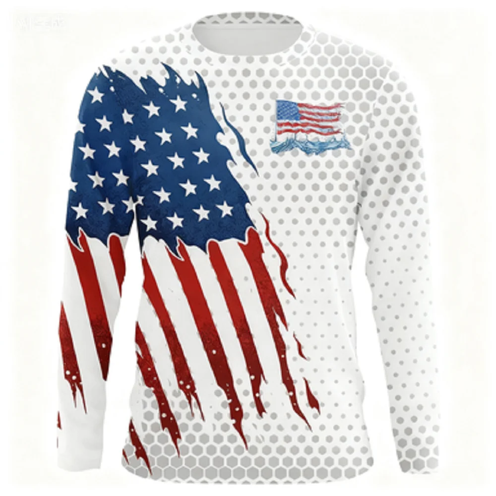Estrelas e listras 3d impresso camiseta de pesca bandeira americana protetor solar ao ar livre respirável de secagem rápida esportes de manga comprida topos