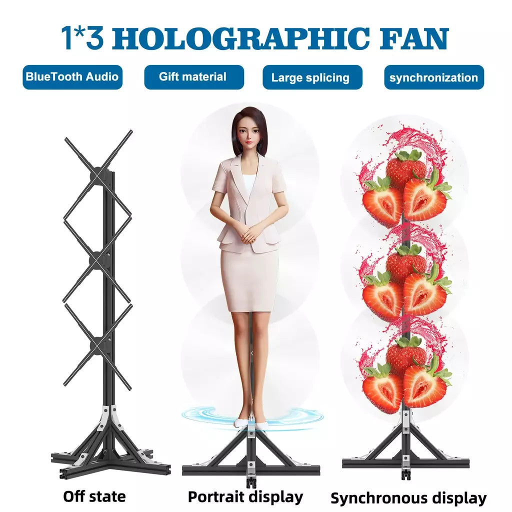 Sinal LED holográfico publicidade luz figura virtual imagem aérea controle WIFI olho nu 3D holográfico ventilador stand up display