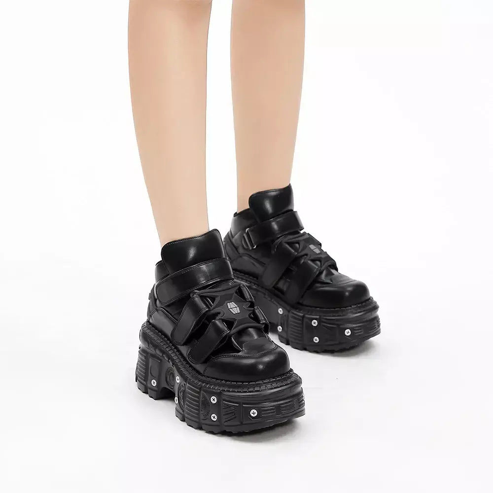 2025 novo estilo punk sapatos femininos rendas altura do salto 6cm sapatos de plataforma mulher decoração de metal mulher tênis gótico tornozelo botas de rock