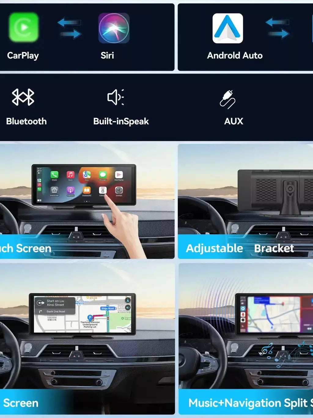 Carplay portátil universal para tela de carro, tela carplay sem fio estéreo do carro com carplay android auto, tela sensível ao toque do carro