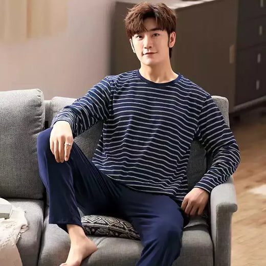 Pijama masculino de manga comprida de duas peças, pijama de seção fina, terno de lazer, tamanho grande, primavera e outono