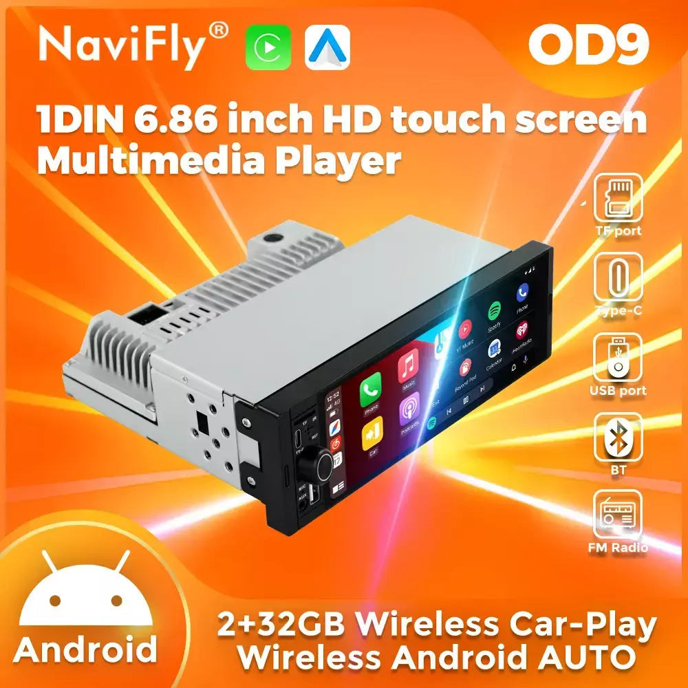 Navifly 2g + 32g universal 1 din android 6.86 Polegada hd tela de toque sem fio carplay auto rádio do carro reprodutor vídeo multimídia gps fm
