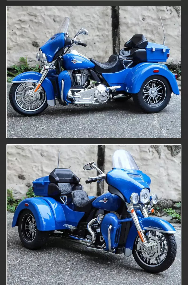CVO-Tri Glide Alloy Motorcycle Model for Kids, Três Rodas, Cruzeiro, Viagem, Diecast, Lazer na Rua, Luz Sonora, Presente, 1:9