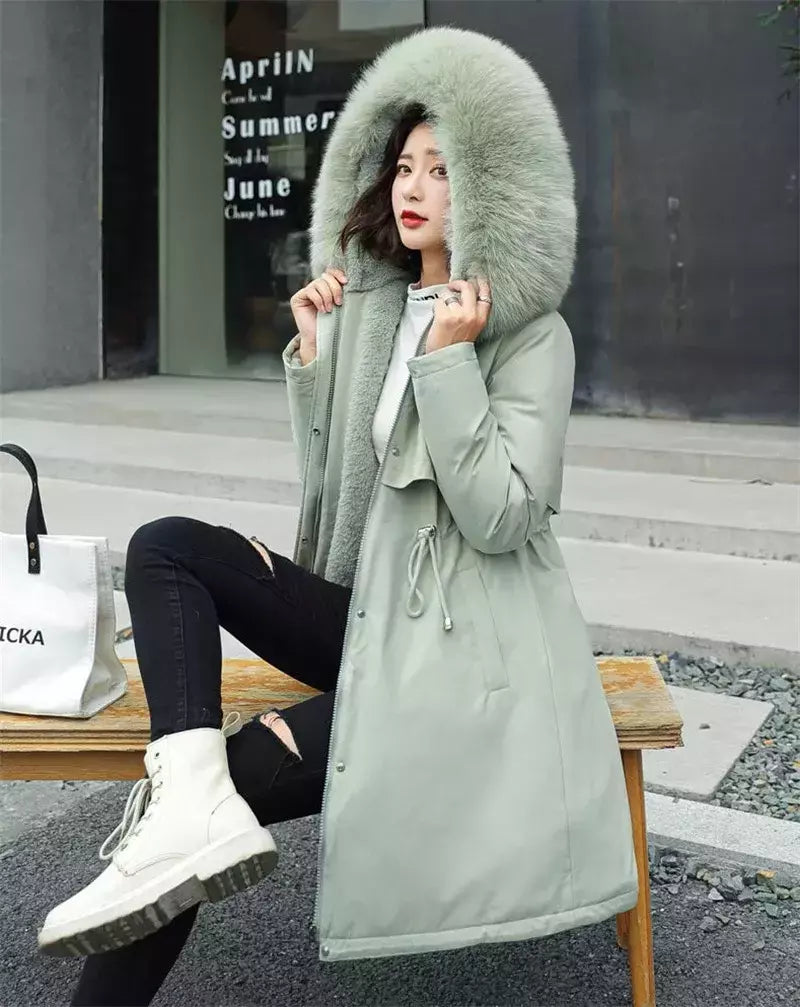 Parka longa e acolchoada feminina com forro de lã, jaqueta com capuz, gola de pele, quente, grossa, neve, roupas grandes, inverno