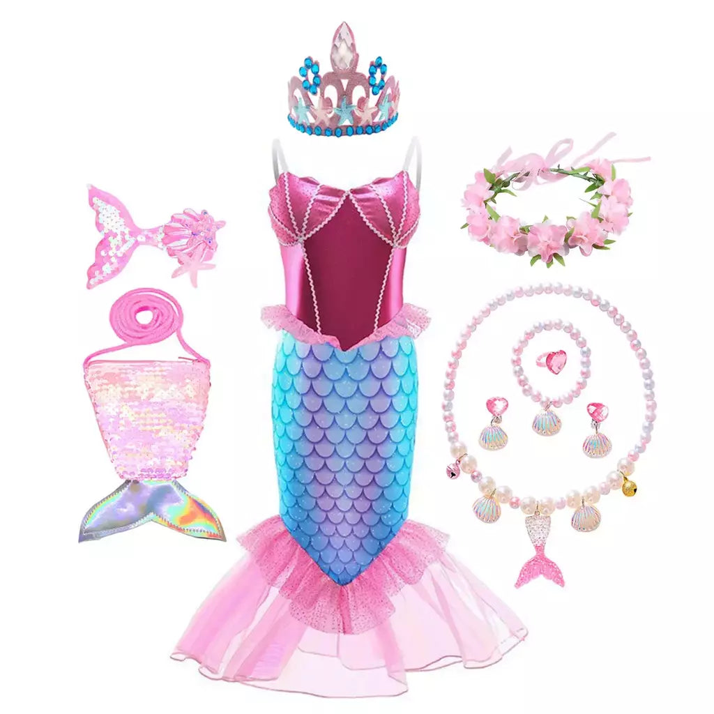 Meninas roxo-azul sereia ariel cosplay vestido de halloween vestido de festa de aniversário meninas praia vestido de férias