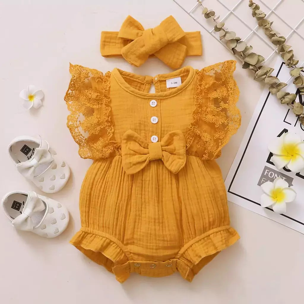 0-18 meses do bebê recém-nascido menina liso macio bodysuit laço queimado manga verão macacão com bandana da criança roupas da menina do bebê