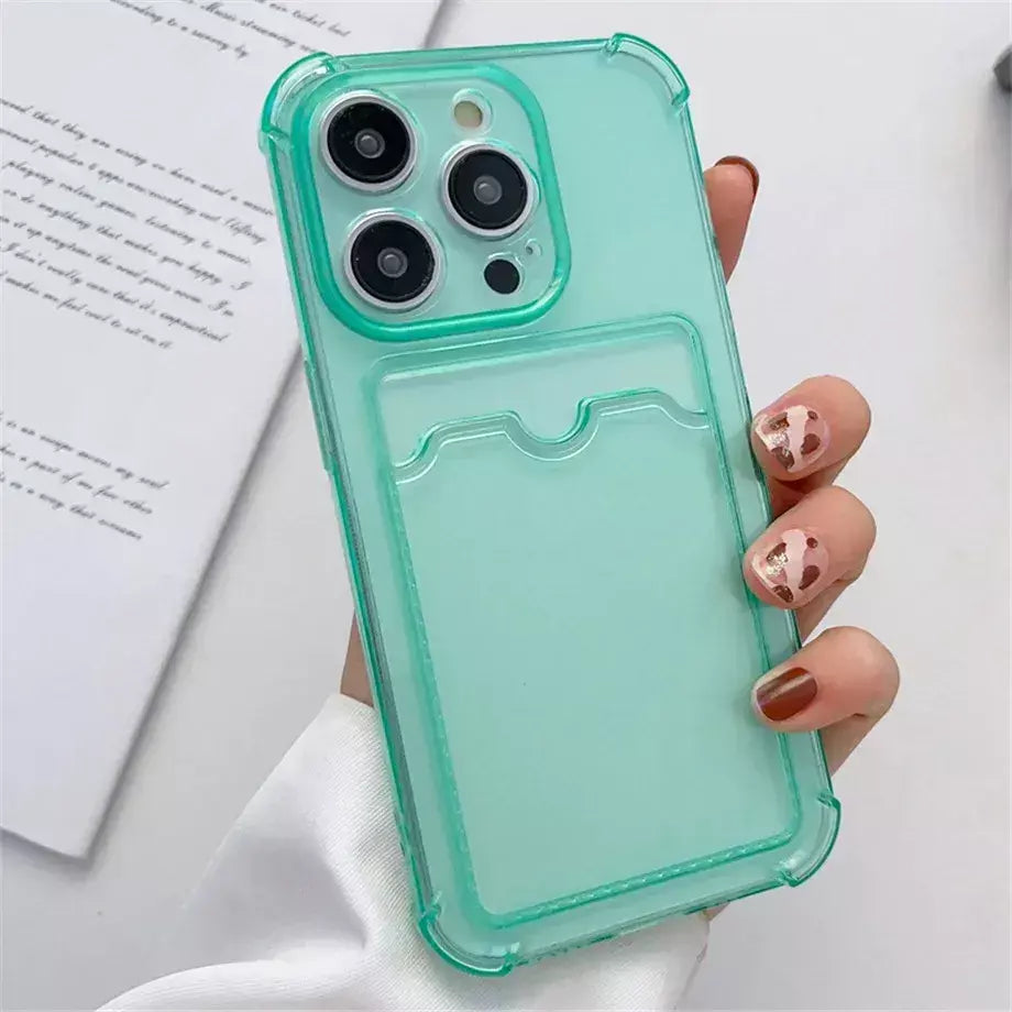 Bolsa de slot para cartão transparente para iPhone, carteira clara, à prova de choque, capa macia, iPhone 16, 15, 14, 13, 12, 11 Pro Max, Mini, X, XR, 7, 8 Mais