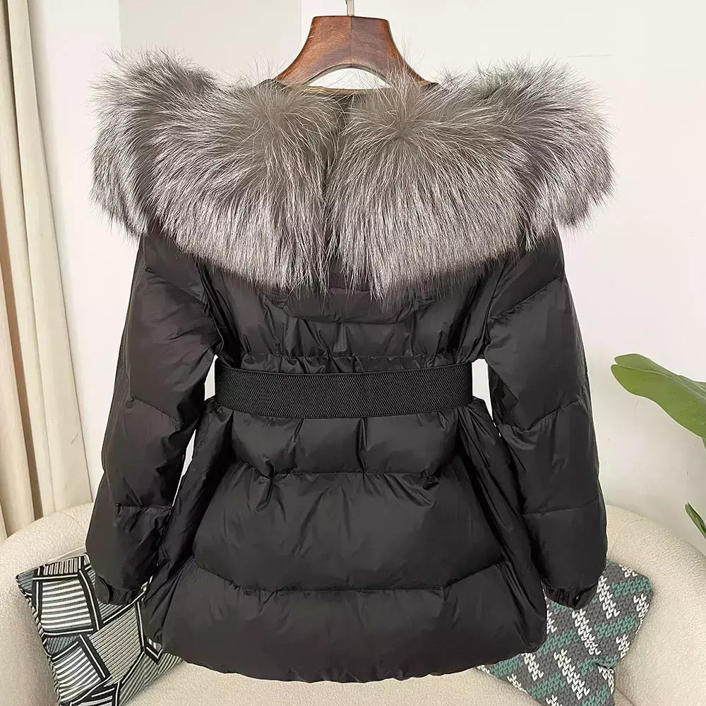 Oftbuy 2024 jaqueta de inverno feminina gola de pele de raposa natural real com capuz grosso quente 90% pato branco para baixo casaco feminino streetwear casual