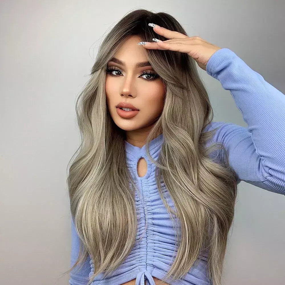 Marrom loira ombre perucas de cabelo natural para mulheres longo ondulado com raízes escuras peruca sintética para mulheres resistente ao calor perucas coaplay
