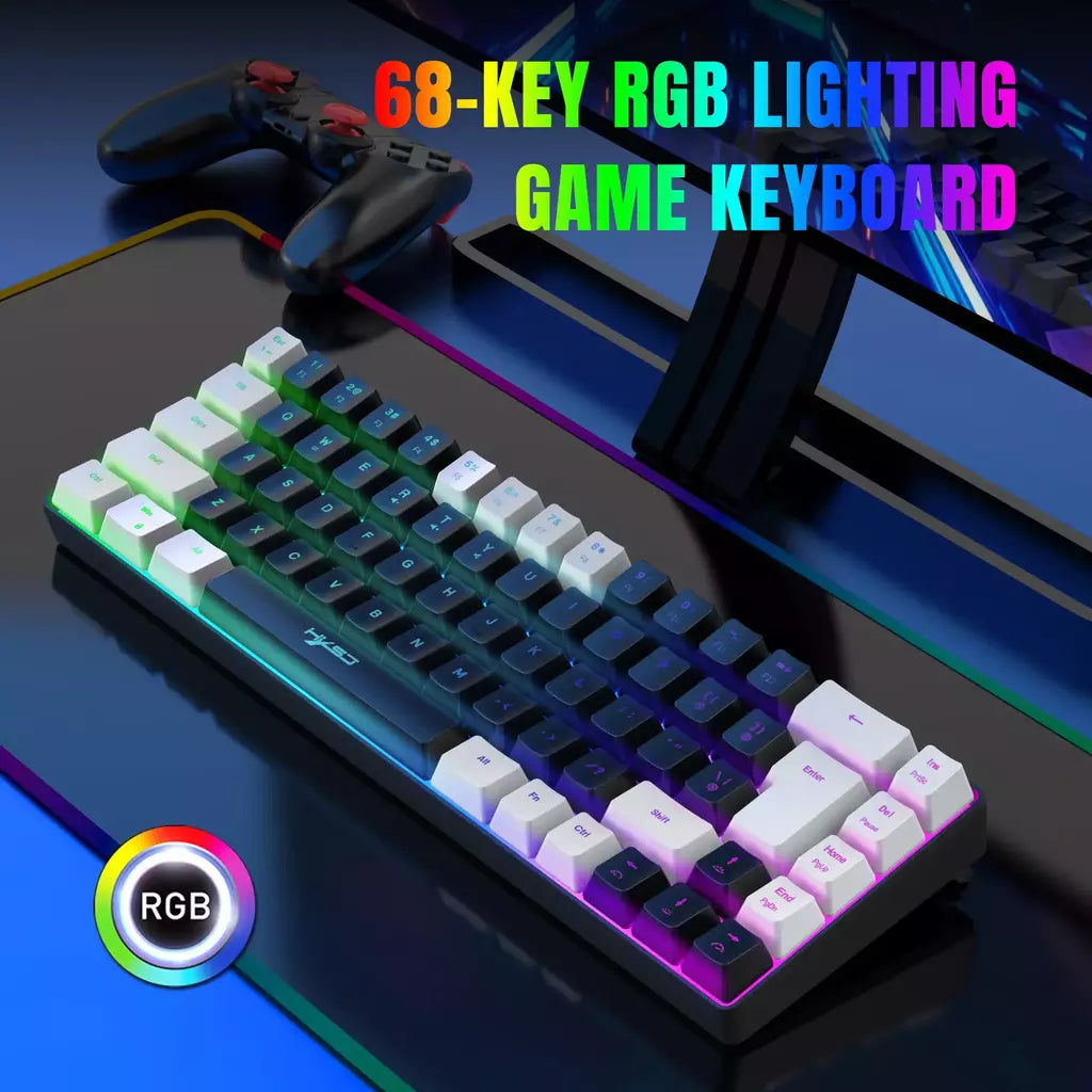 Teclado para jogos com fio USB, 68 teclas, 20 RGB Backlight, Keycaps preto e branco, Windows Laptops, Computador