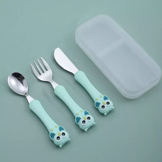 Talheres portáteis de aço inoxidável para crianças, Spoon Forks Box Utensílios de alimentação do bebê Conjunto de talheres para bebês, 3pcs