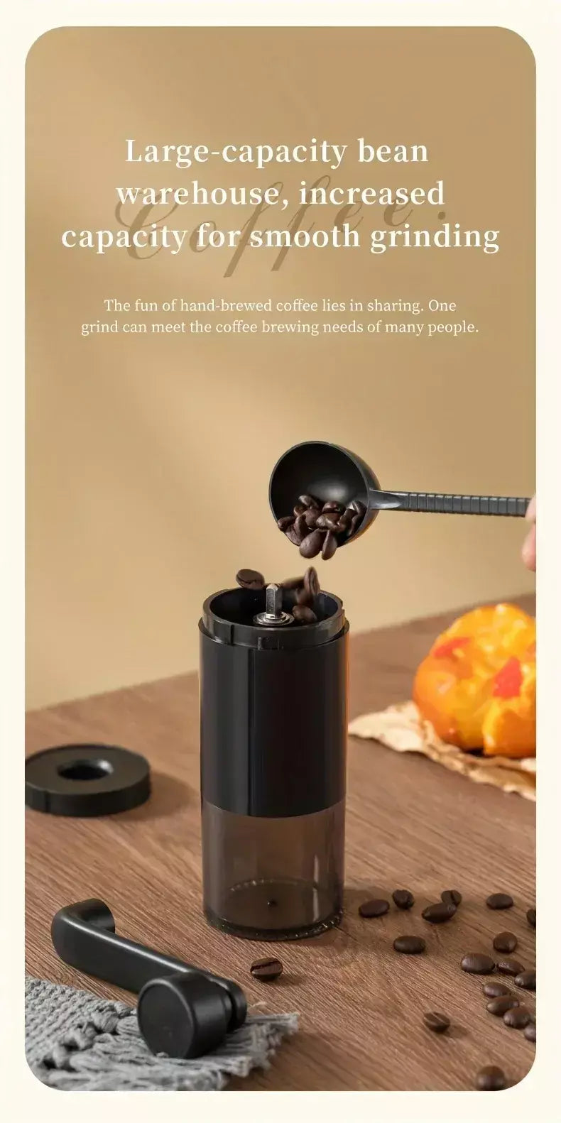Moedor de café manual portátil, máquina manivela, moedor de feijão ajustável, viagem ao ar livre em casa, pequeno